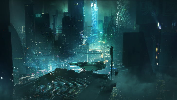 futuristic, city, cyberpunk, artwork, digital, night, David Tilton, HD wallpaper