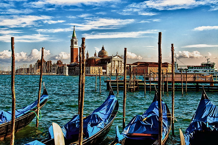 Venice, Italy, sea, four brown and black canoe boats, gondola