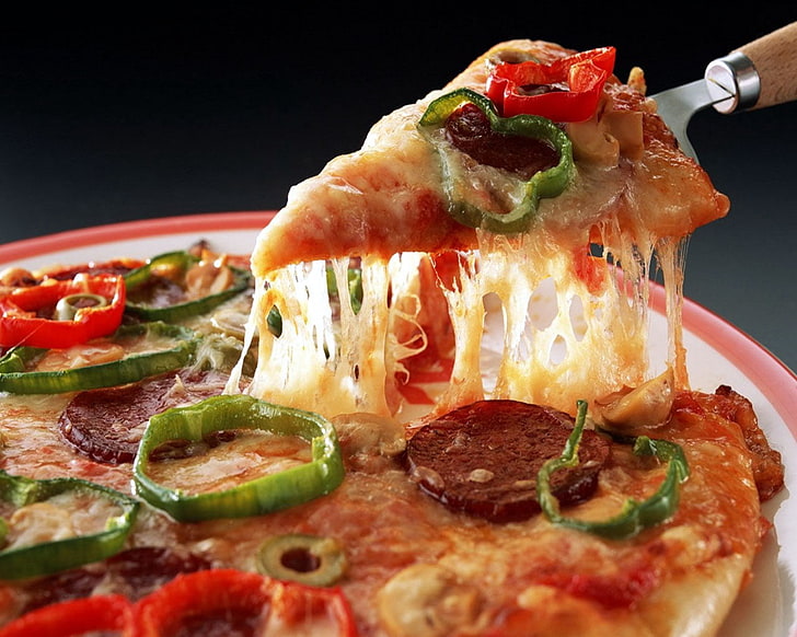 vegetable pizza, piece, cheese, fast food, tomato, meal, dinner