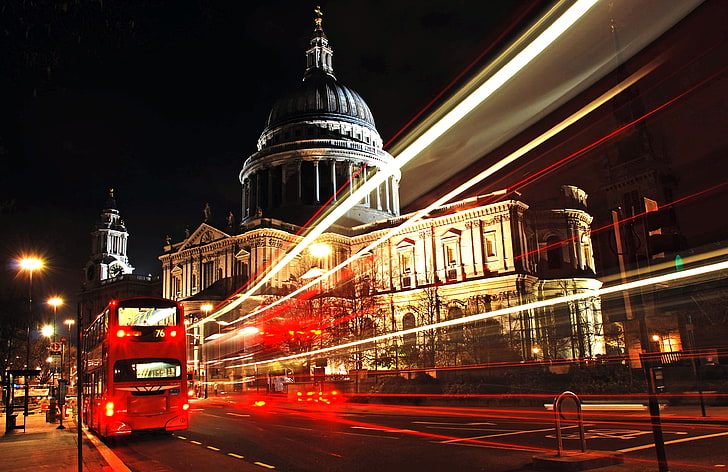 red double decker bus, london, city, night, traffic, street, urban Scene, HD wallpaper