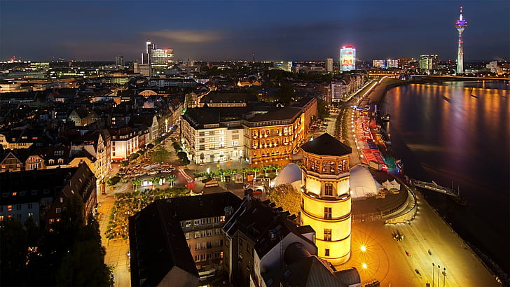 cityscape, night, Dusseldorf, German Empire