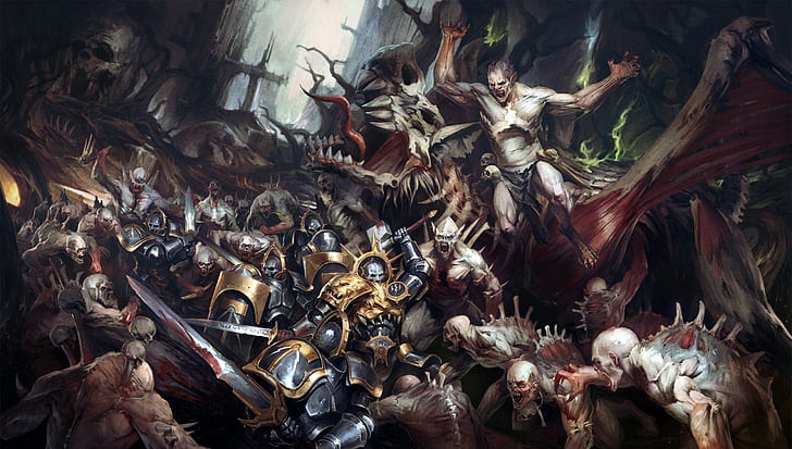 battle, warriors, freaks, Warhammer 40 000, Flesh-eaters vs Anvils of the Heldenhammer, HD wallpaper