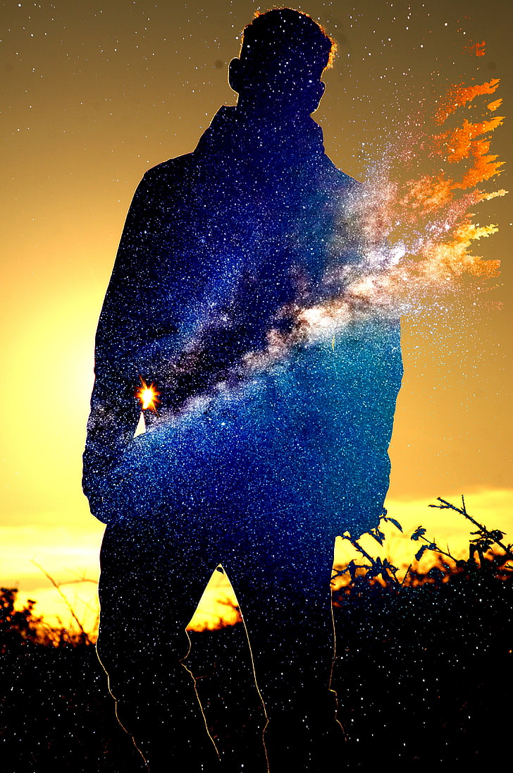man's silhouette wallpaper, galaxy, sunset, blue, stars, sky, HD wallpaper