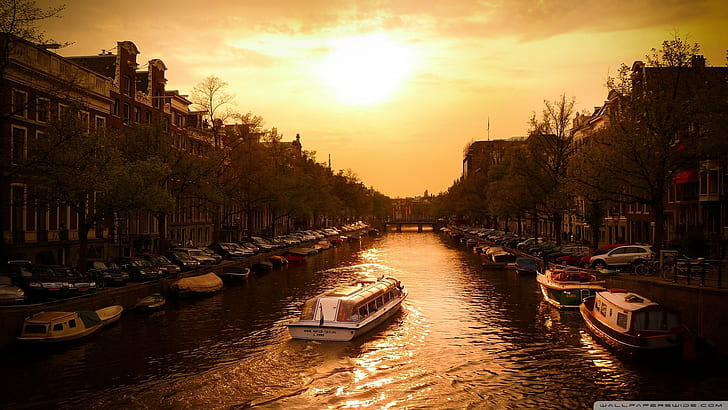 Amsterdam, canal, water, sunset, HD wallpaper
