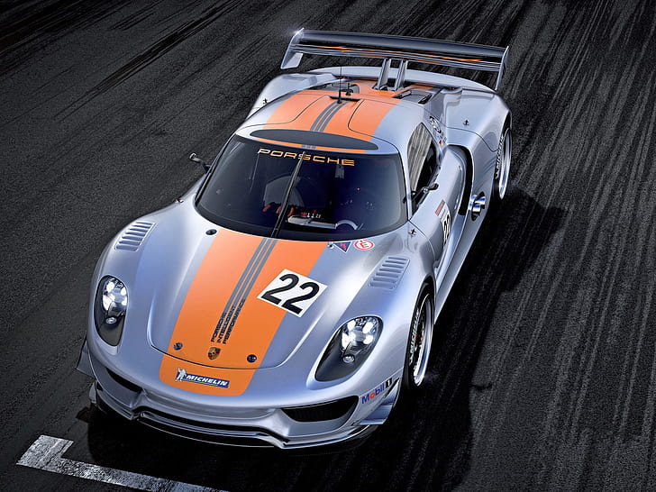 Porsche 918 RSR Concept supercar front view, gray and orange racing car