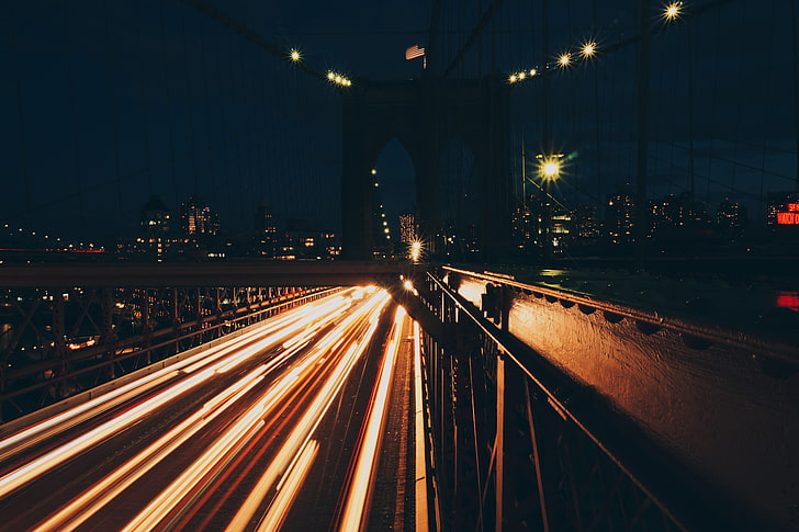 time lapse photo of road, lights, light trails, night, bridge