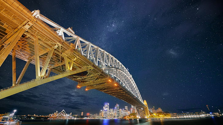 bridge, night, city, Sydney, Sydney Harbour Bridge, stars, HD wallpaper