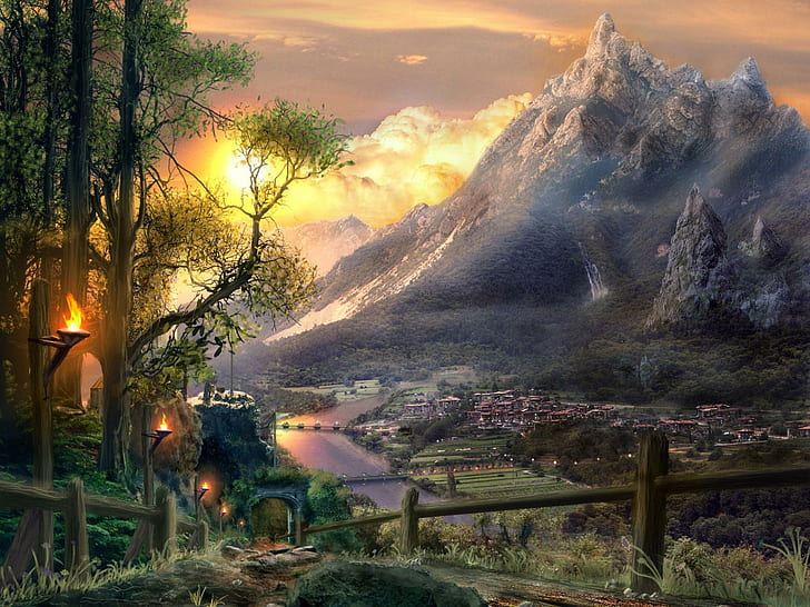World Fantasy City Sunset Mountain River Background Pictures