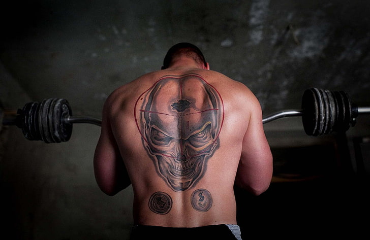 black skull back tattoo, Jock, rod, muscular Build, exercising