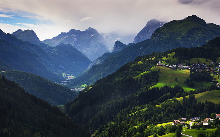 nature, landscape, village, mountains, forest, Italy, valley