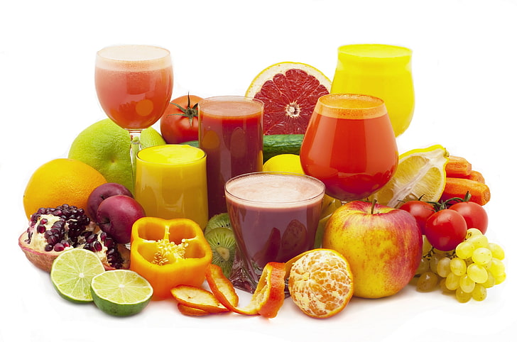 assorted fruits and juices, pomegranate juice, mandarin, pepper