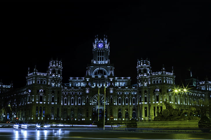photography of grey concrete building during night time, Cibeles