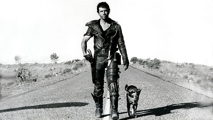 Mad Max BW Mel Gibson HD, gray scale man with dog walking photography