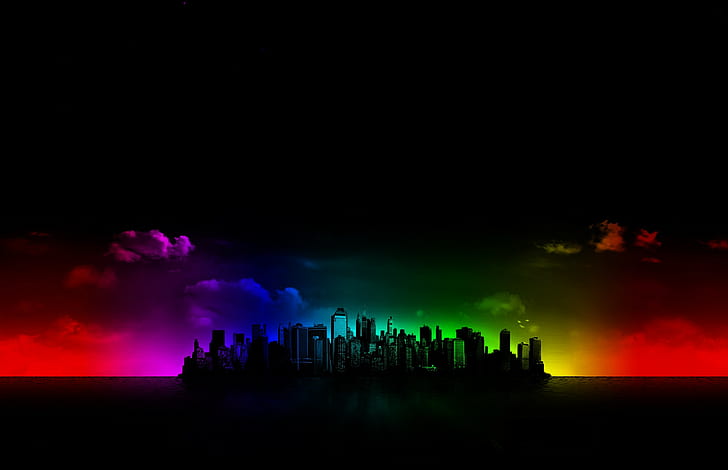cityscape, black, colorful, digital art, sky, dark, HD wallpaper