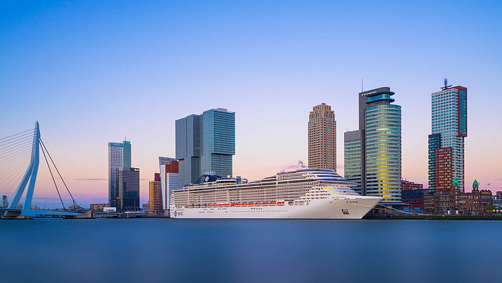cruise ship, cityscape, bridge, Rotterdam, Netherlands, skyscraper