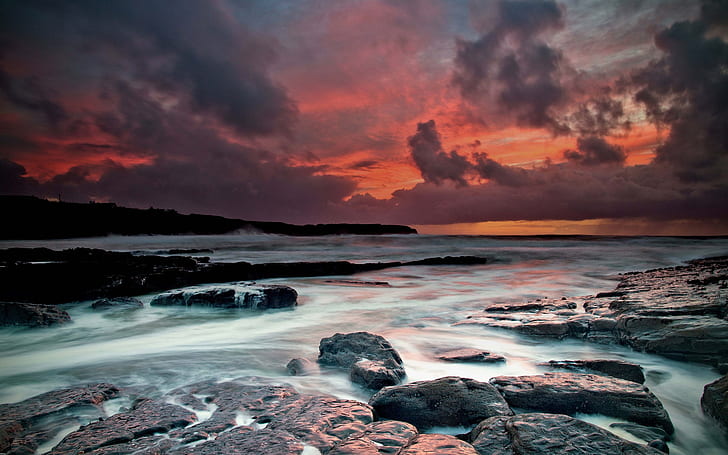 Ireland, west coast, the Atlantic Ocean, beach, stones, dusk, gray stone structure, HD wallpaper