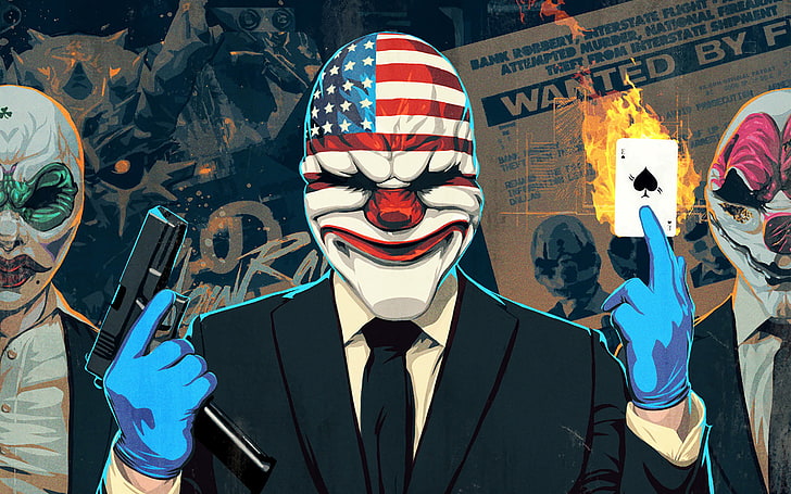Payday 2 The Big Score Classic, man holding playing card and gun illustration, HD wallpaper