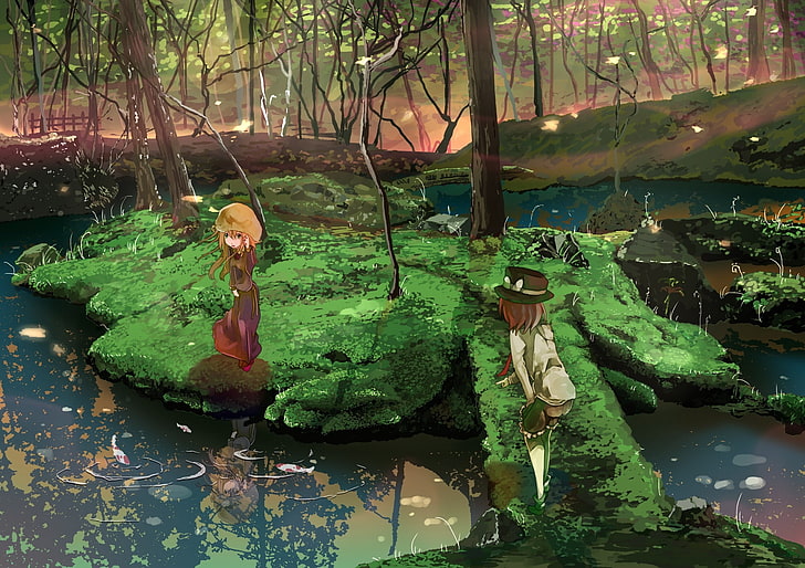 Fishing Pond Water-paintings-touhou-dress-forest-fish-hat-scenic-drawings-maribel-han-usami-renko-anime-girls-fan-nature-forests-hd-art-wallpaper-preview