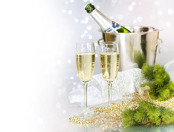 flute glass and champagne bottle, decoration, glare, glasses