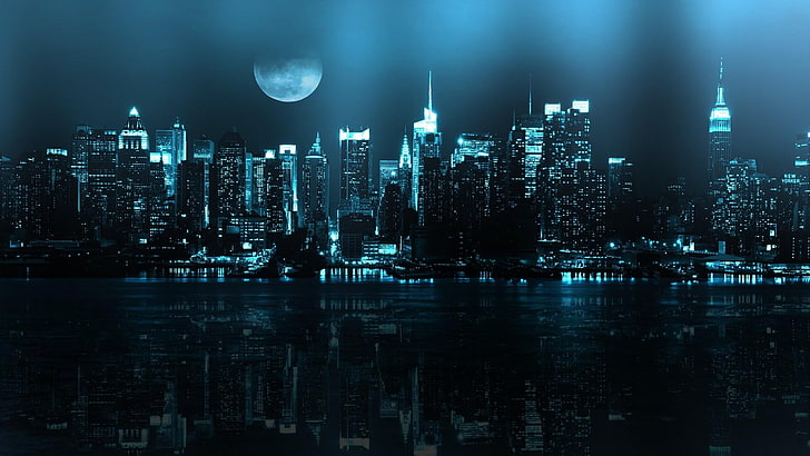 citylights, night, 3d, moon, sea, mky, full moon, building exterior, HD wallpaper