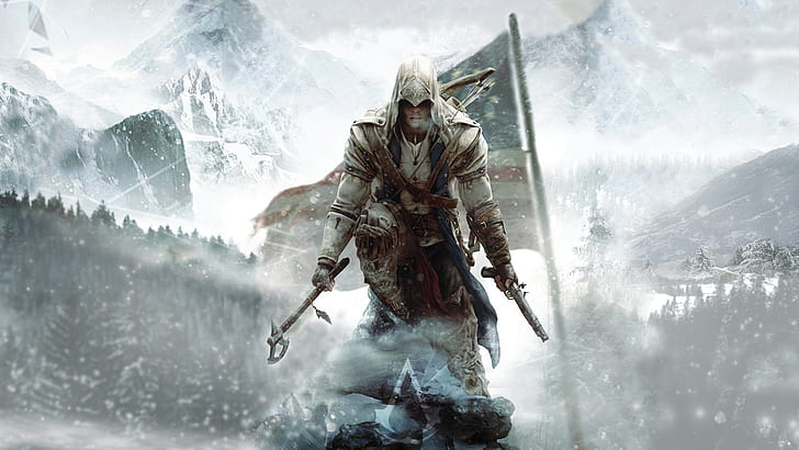 video games mountains winter snow assassin assassins creed flags tomahawk assassins creed 3 ratohnha Nature Mountains HD Art, HD wallpaper