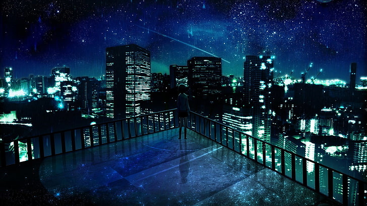 girl standing on the edge of building anime digital wallpaper