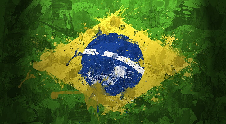 Brasil, Brazil flag, Artistic, Urban, color splash, paint splatter, HD wallpaper