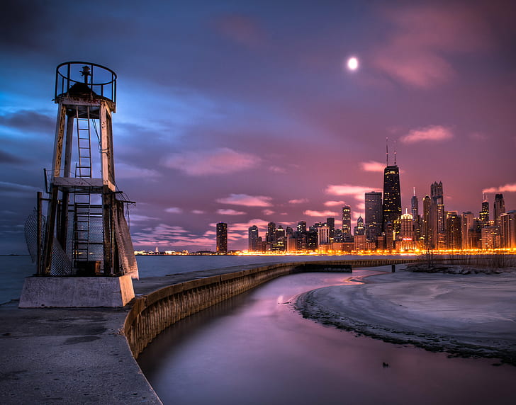 gray metal watch tower and high rise building during dawn, chicago, chicago
