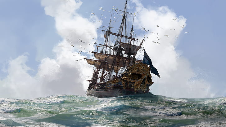 sake, game, gold, sky, sea, pirate, cloud, pirate ship, seagull, HD wallpaper
