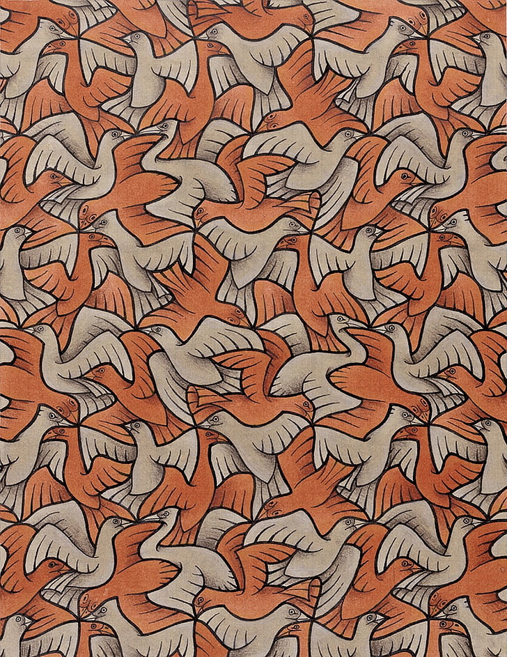 orange and brown bird painting, drawing, artwork, M. C. Escher