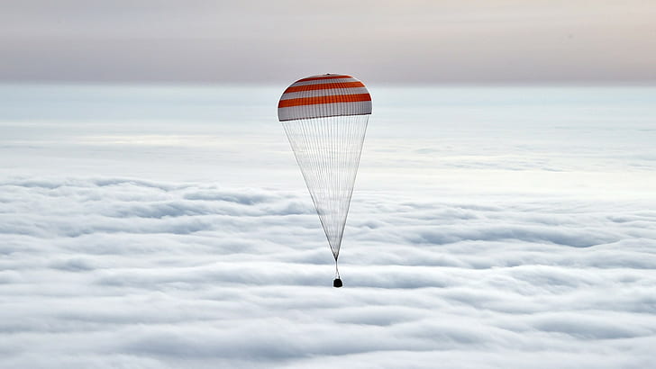 roscosmos state corporation nasa soyuz parachutes clouds, cloud - sky, HD wallpaper