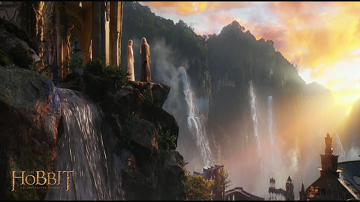 The Hobbit digital wallpaper, forest, sunset, open, elf, waterfall