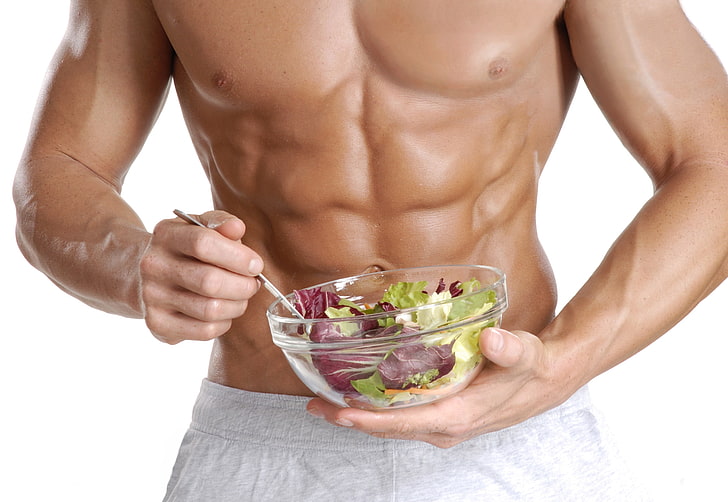 bowl of vegetable salad, men, muscles, model, abs, white, white background, HD wallpaper