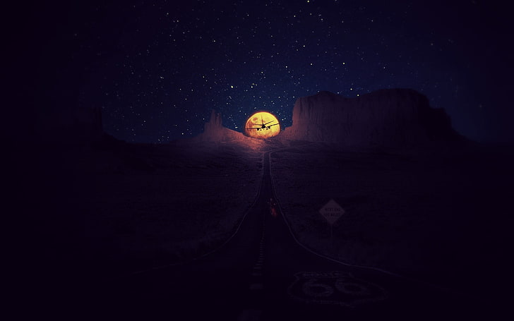 moon and mountain wallpaper, sunset, roadtrip, Route 66, night, HD wallpaper
