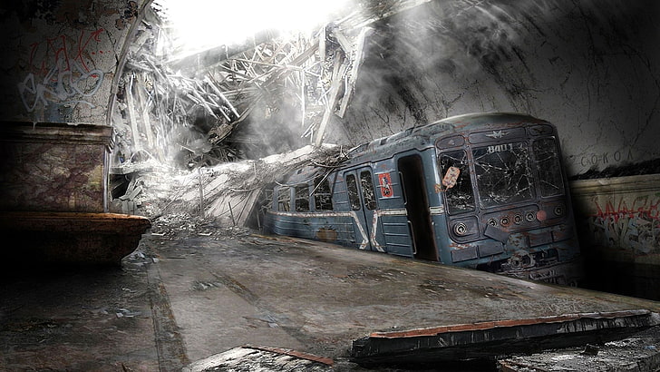gray and white train, apocalyptic, destruction, abandoned, day