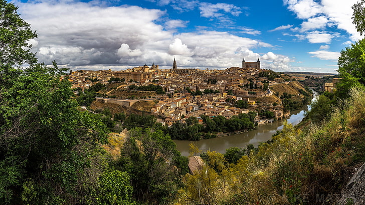 trees, river, home, panorama, Spain, Toledo, Tagus River, The Tagus River, HD wallpaper