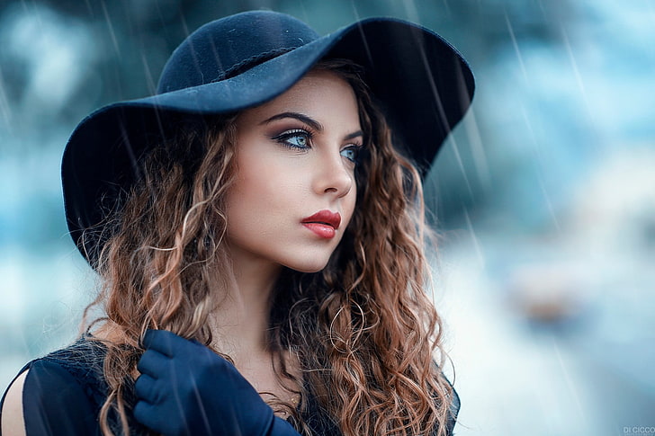 women, portrait, hat, brunette, curly hair, blue eyes, red lipstick, HD wallpaper