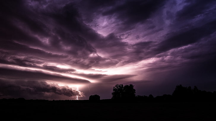 clouds, dark, trees, lightning, landscape, digital art, purple