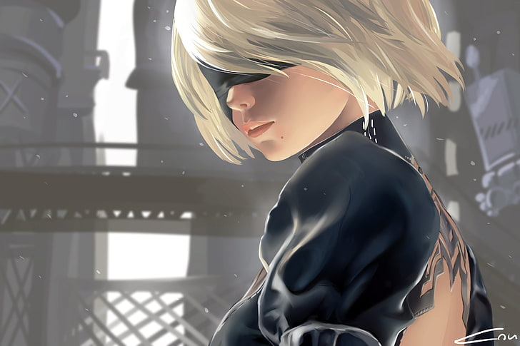 2B (Nier: Automata), blindfold, real people, lifestyles, side view