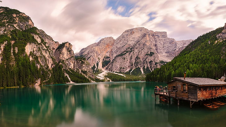 Dolomites, Alps, Italy, white and green mountain, mountains, boat, HD wallpaper