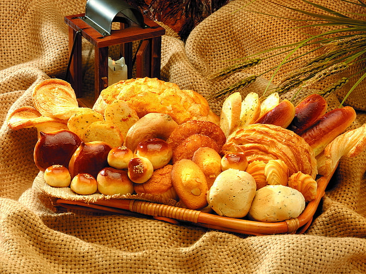 baked breads, pastries, many, food, freshness, bakery, basket, HD wallpaper