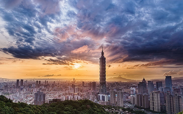 Taiwan Sunset Clouds Buildings Skyscrapers Landscape HD, cityscape