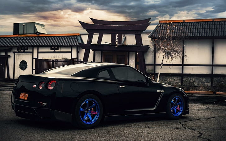 Nissan GT-R R35 Car Blue Wheels Parking, black nissan gtr r35