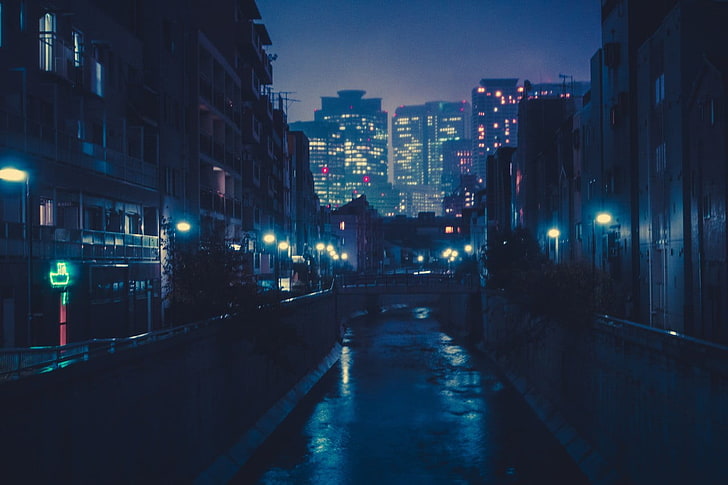 silhouette photo of street, silhouette of buildings, Japan, night, HD wallpaper
