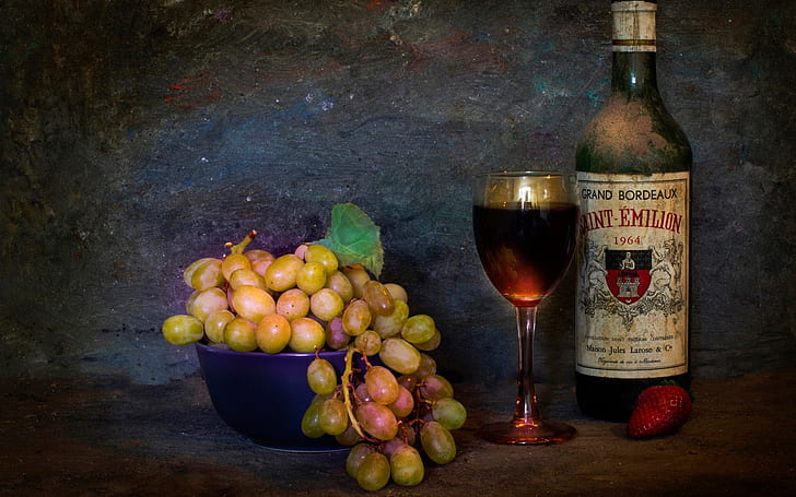 Grapes, bottle, glass, still life, dust, HD wallpaper