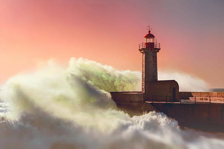 lighthouse, sea, coast, waves, orange sky, HD wallpaper