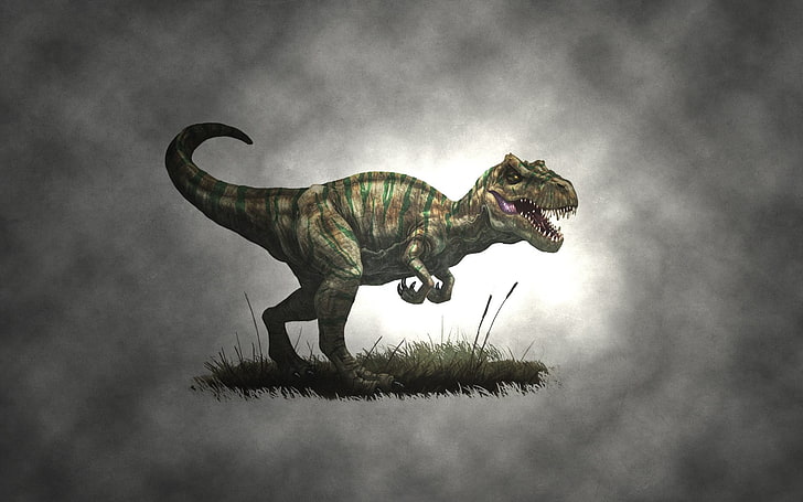 grey dinosaur, animals, dinosaurs, T-Rex, nature, drawing, artwork, HD wallpaper