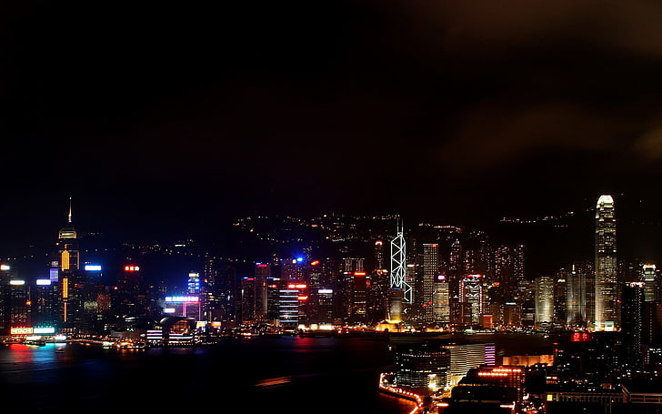 city, night, lights, cityscape, Hong Kong, China, illuminated, HD wallpaper