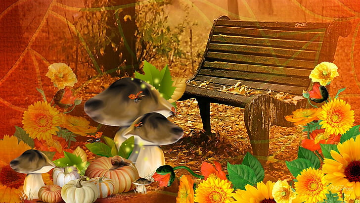 Bright Fall Day, ladybugs, thanksgiving, harvest, mushrooms, october, HD wallpaper
