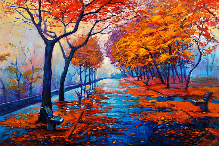 orange leafed trees painting, landscape, picture, autumn, oil, HD wallpaper